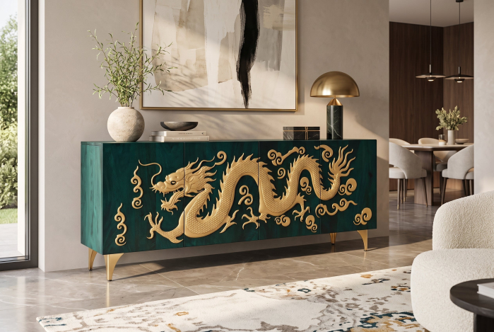 Bufet DRAGON 180 cm, fațadă cu dragon 3D, lemn de mango, turcoaz cu detalii aurii [4]