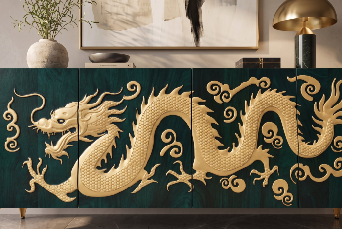 Bufet DRAGON 180 cm, fațadă cu dragon 3D, lemn de mango, turcoaz cu detalii aurii [11]