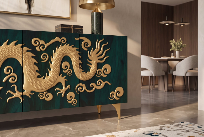 Bufet DRAGON 180 cm, fațadă cu dragon 3D, lemn de mango, turcoaz cu detalii aurii [10]
