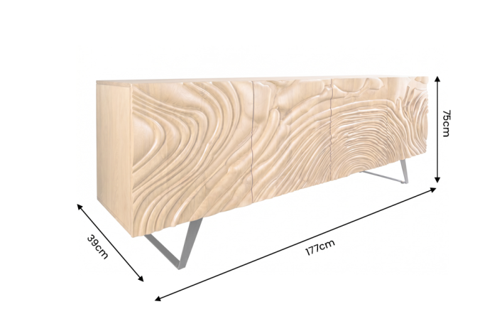 Bufet FLUID 175 cm, fațadă cu textură 3D din lemn de mango de culoare crem, cu cadru metalic negru [10]