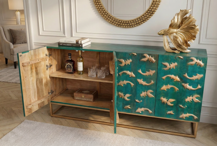 Bufet GOLDEN LAGOON 180 cm 3D lemn de mango metal turcoaz auriu [5]