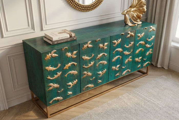 Bufet GOLDEN LAGOON 180 cm 3D lemn de mango metal turcoaz auriu [4]