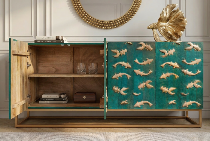 Bufet GOLDEN LAGOON 180 cm 3D lemn de mango metal turcoaz auriu [6]