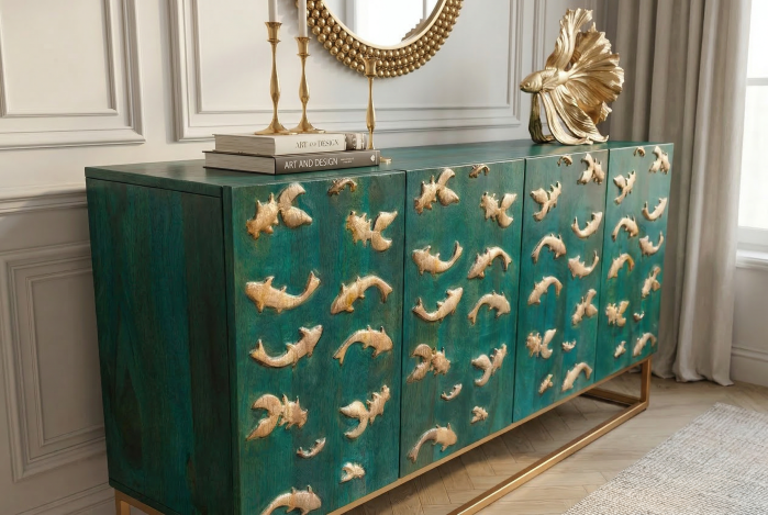 Bufet GOLDEN LAGOON 180 cm 3D lemn de mango metal turcoaz auriu [7]