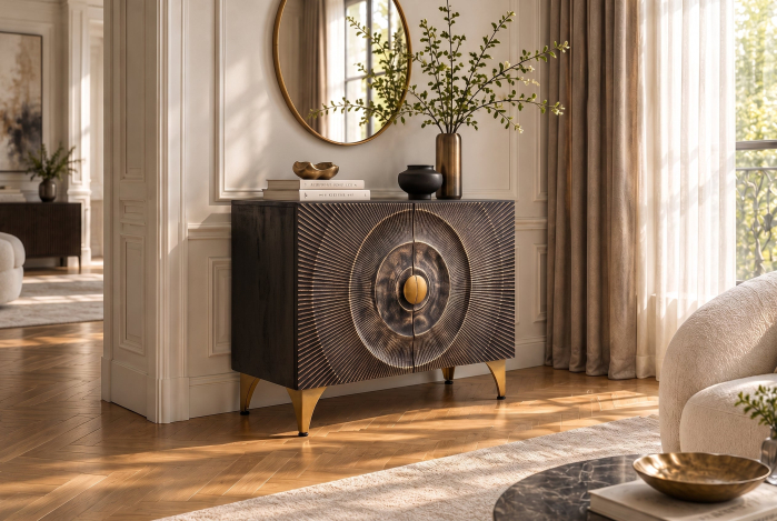 Bufet GOLDEN SUNSET 100 cm, model 3D cu raze de soare, lemn de mango negru cu detalii metalice aurii [4]
