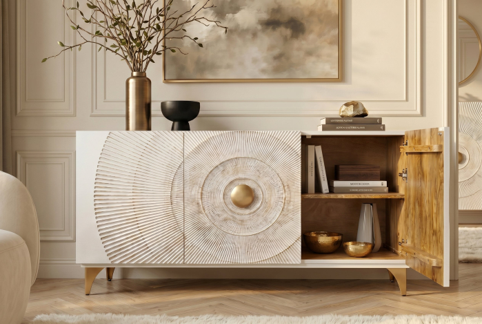 Bufet GOLDEN SUNSET 140 cm 3D din lemn de mango, alb [9]