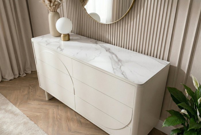 Bufet SAVOY 150 cm 3D albă cu blat din ceramică imitație de marmură albă [6]