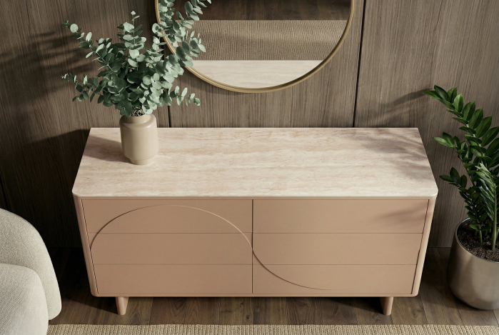 Bufet SAVOY 150 cm 3D natural cu blat din ceramică imitație de marmură travertin [7]