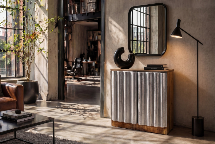 Bufet ZALVERO 75 cm din lemn de mango, fațadă din aluminiu, argintiu natural [4]