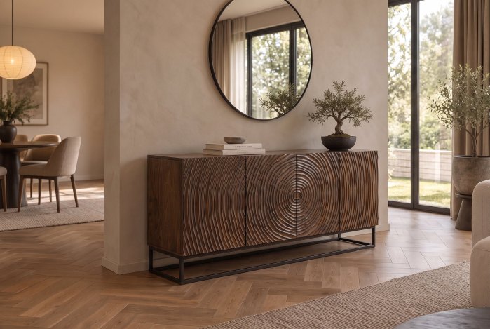Bufet ZEN CIRCLE 160 cm, cu model circular 3D, din lemn de mango maro închis, cu cadru metalic negru [6]