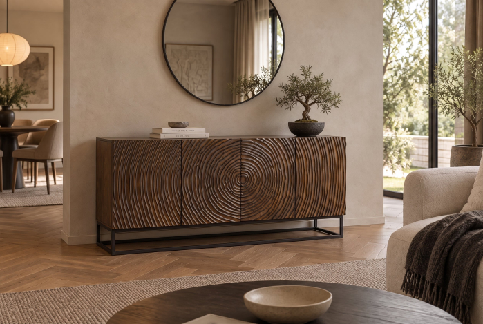 Bufet ZEN CIRCLE 160 cm, cu model circular 3D, din lemn de mango maro închis, cu cadru metalic negru [7]