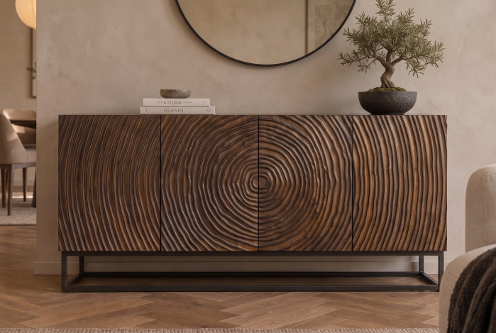 Bufet ZEN CIRCLE 160 cm, cu model circular 3D, din lemn de mango maro închis, cu cadru metalic negru [9]