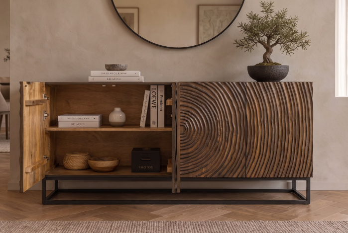Bufet ZEN CIRCLE 160 cm, cu model circular 3D, din lemn de mango maro închis, cu cadru metalic negru [10]