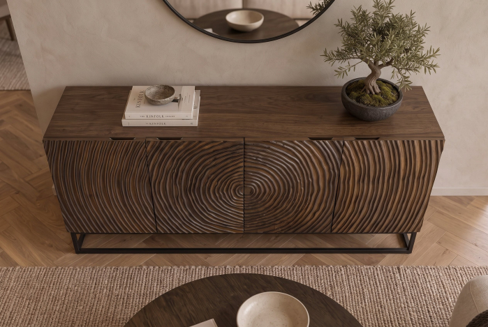 Bufet ZEN CIRCLE 160 cm, cu model circular 3D, din lemn de mango maro închis, cu cadru metalic negru [8]