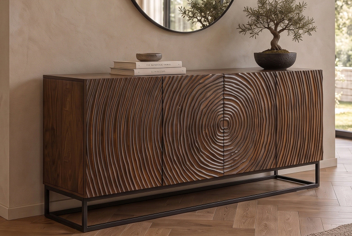 Bufet ZEN CIRCLE 160 cm, cu model circular 3D, din lemn de mango maro închis, cu cadru metalic negru [3]