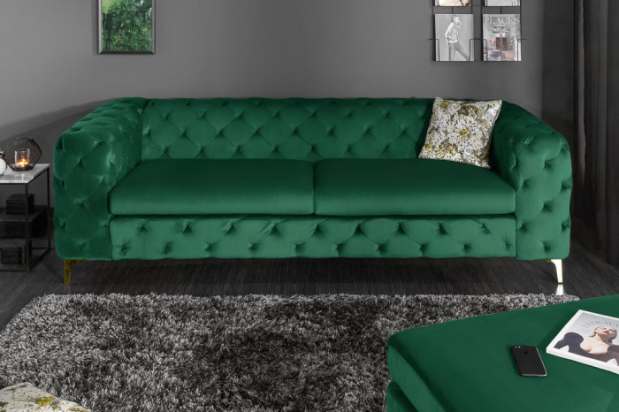 Canapea cu 3 locuri Modern Barock cu tapiterie din catifea si lemn de pin, verde [6]