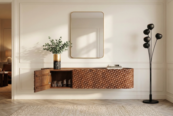 Comada TV ADLON 160 cm cu sistem de organizare a cablurilor, suspendată, 3D, din lemn masiv de mango [4]
