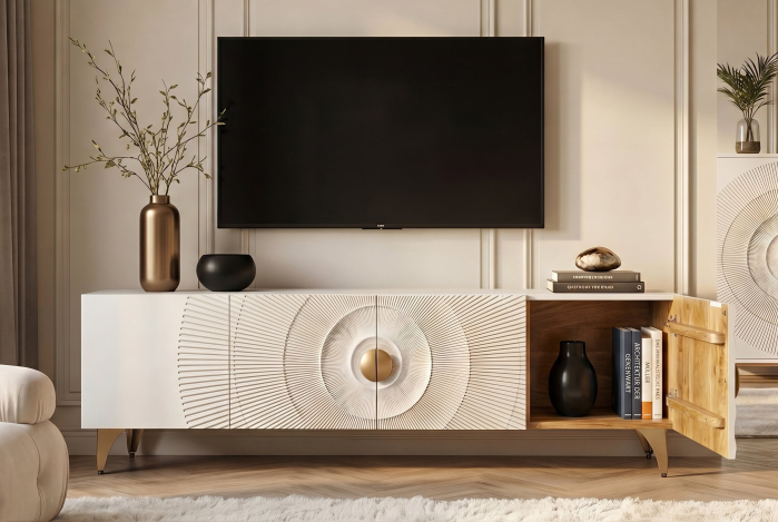 Comoda TV GOLDEN SUNSET 180 cm 3D din lemn de mango, alb [9]