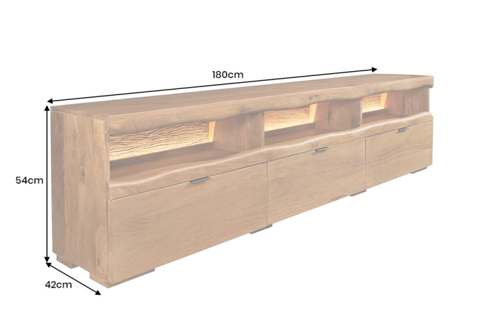 Comoda TV GRAND MANGO 180 cm cu compartimente de expunere iluminate cu LED-uri și telecomandă, din lemn de mango maro [14]