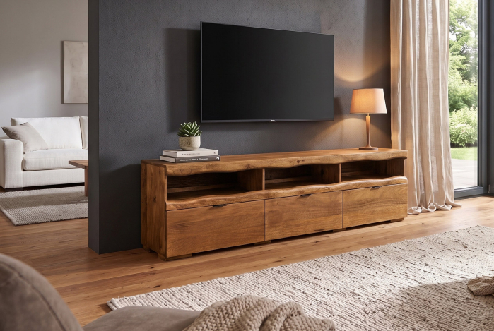 Comoda TV GRAND MANGO 180 cm cu compartimente de expunere iluminate cu LED-uri și telecomandă, din lemn de mango maro [5]
