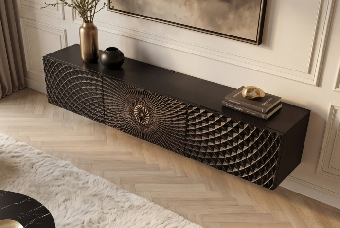 Comodă TV ILLUSION 160 cm 3D suspendată din lemn de mango, negru-auriu [7]