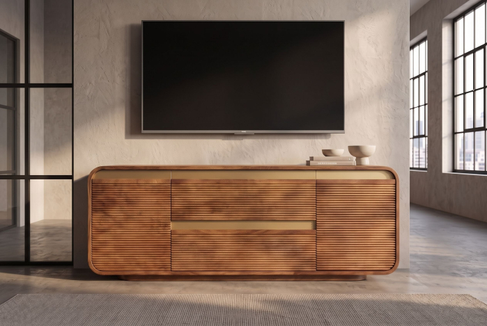 Comoda TV MONZA 160 cm cu sistem de organizare a cablurilor, față canelată, margini rotunjite, lemn de mango maro, detalii aurii [5]