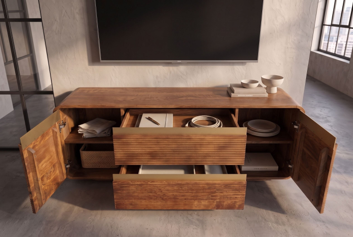 Comoda TV MONZA 160 cm cu sistem de organizare a cablurilor, față canelată, margini rotunjite, lemn de mango maro, detalii aurii [6]