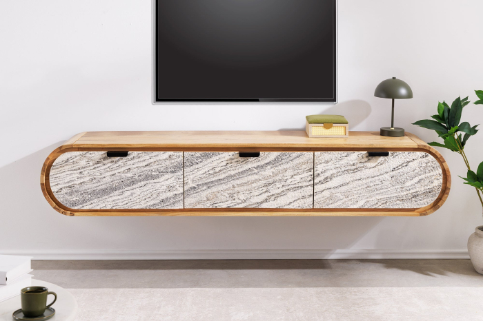Comoda TV ORGANIC 160 cm suspendat din lemn de salcâm natural cu fațadă cu aspect de piatră [4]