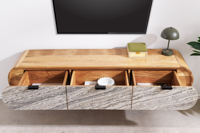 Comoda TV ORGANIC 160 cm suspendat din lemn de salcâm natural cu fațadă cu aspect de piatră [5]