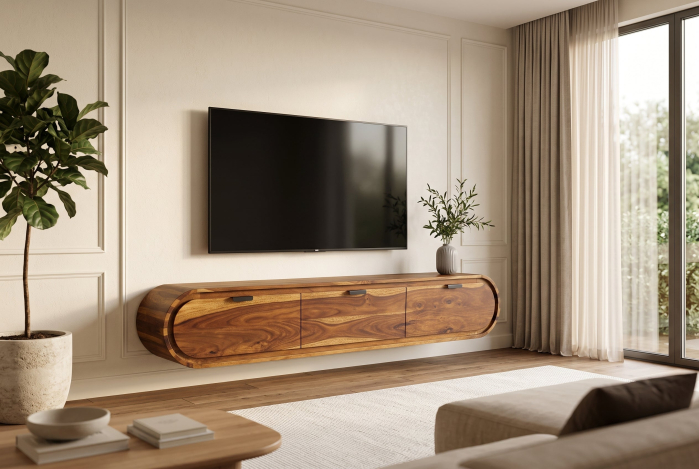 Comodă TV ORGANIC 160 cm, suspendată, formă organică, lemn de sheesham, maro [3]