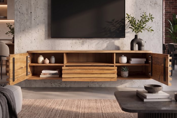 Comodă TV RELIEF 200 cm, cu fațadă suspendată cu relief 3D, din lemn de salcâm natural [9]