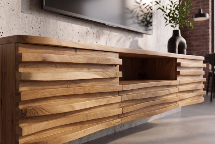 Comodă TV RELIEF 200 cm, cu fațadă suspendată cu relief 3D, din lemn de salcâm natural [4]