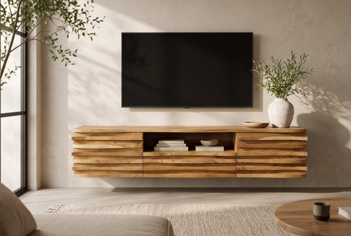 Comodă TV RELIEF 200 cm, cu fațadă suspendată cu relief 3D, din lemn de salcâm natural [3]