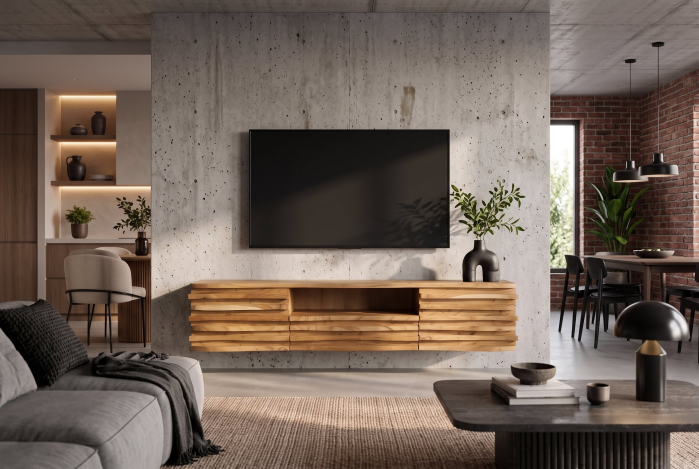 Comodă TV RELIEF 200 cm, cu fațadă suspendată cu relief 3D, din lemn de salcâm natural [2]