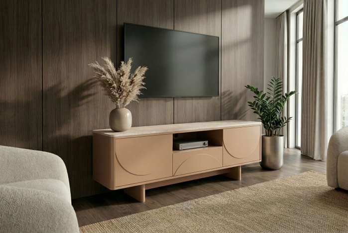 Comoda TV SAVOY 150 cm 3D natural cu blat din ceramică imitație de marmură travertin [5]