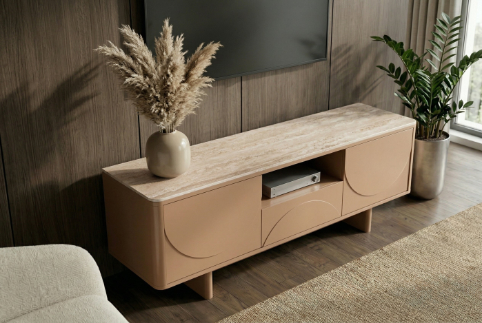 Comoda TV SAVOY 150 cm 3D natural cu blat din ceramică imitație de marmură travertin [4]