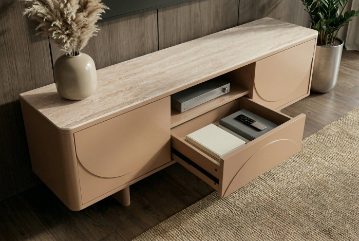 Comoda TV SAVOY 150 cm 3D natural cu blat din ceramică imitație de marmură travertin [8]