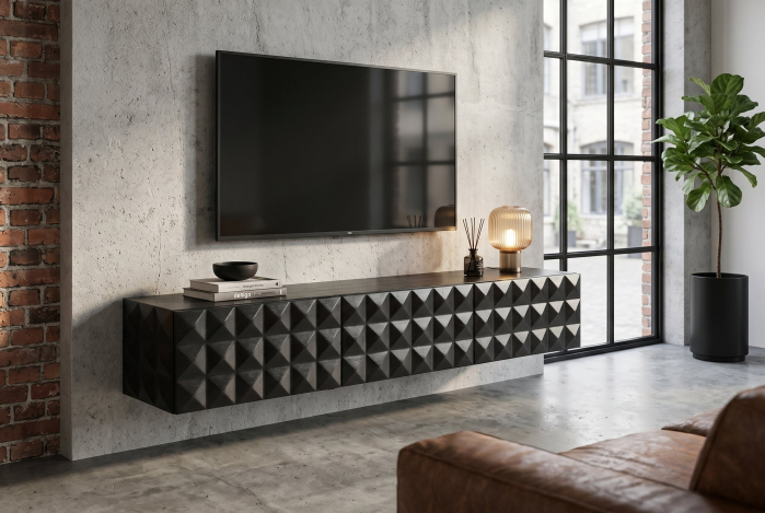 Comoda TV VULCANO 160 cm suspendată, fațadă 3D, cu orificiu pentru cabluri, lemn de mango, negru [10]