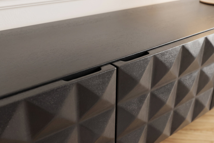 Comoda TV VULCANO 160 cm suspendată, fațadă 3D, cu orificiu pentru cabluri, lemn de mango, negru [14]