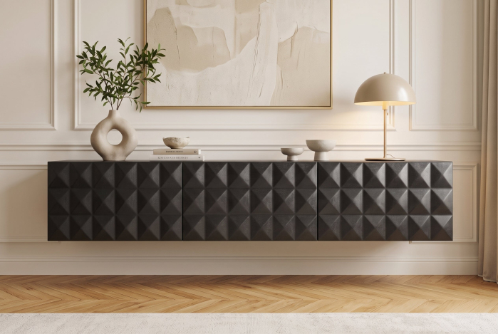 Comoda TV VULCANO 160 cm suspendată, fațadă 3D, cu orificiu pentru cabluri, lemn de mango, negru [6]