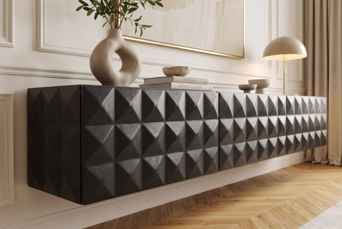 Comoda TV VULCANO 160 cm suspendată, fațadă 3D, cu orificiu pentru cabluri, lemn de mango, negru [8]