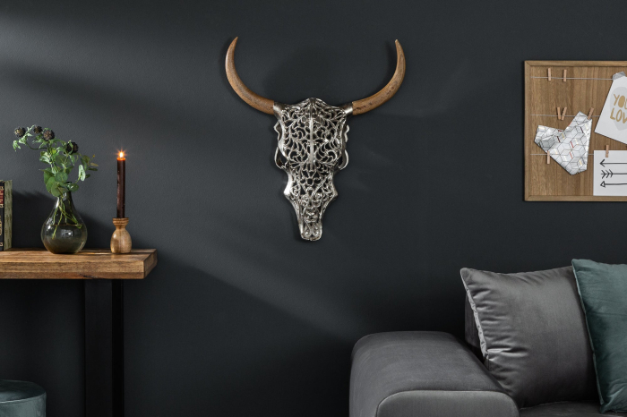 Decorațiune de perete craniu EXOTIC BULL 57 cm argintiu cu coarne din lemn de mango [3]