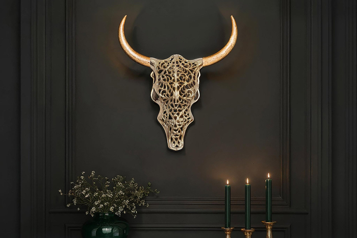 Decorațiune de perete EXOTIC BULL 60 cm din lemn de mango și metal auriu natural, realizată manual [3]
