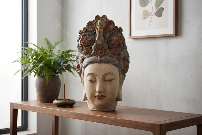 Figurină decorativă CAP DE BUDDHA 45 cm, realizată manual, multicoloră [3]