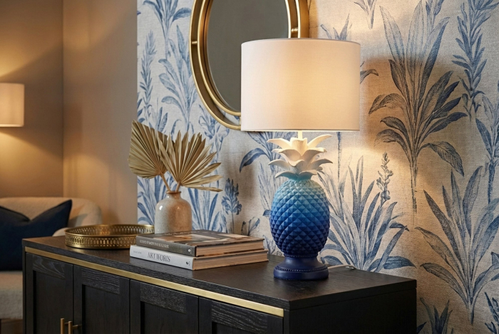 Lampă de masă PINEAPPLE 50cm,albastra cu abajur alb [3]