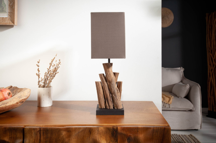 Lampă de masă PURE NATURE 45cml, din lemn reciclat cu abajur din bumbac maro [5]