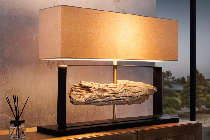 Lampă de masă ROUSILIQUE 60cm,lemn de tec natural cu abajur bej  [3]