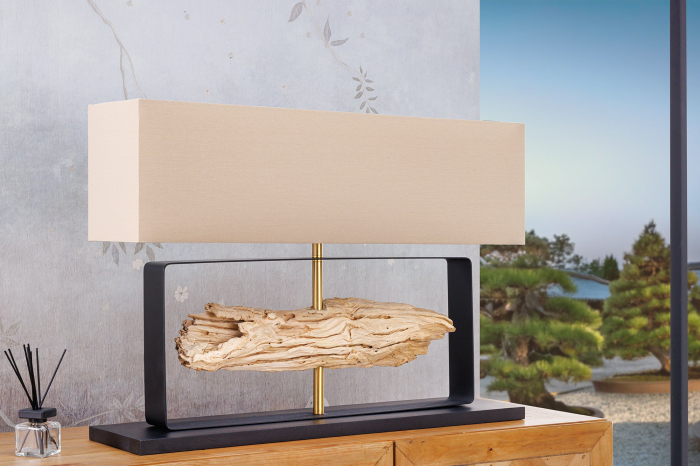 Lampă de masă ROUSILIQUE 60cm,lemn de tec natural cu abajur bej  [6]