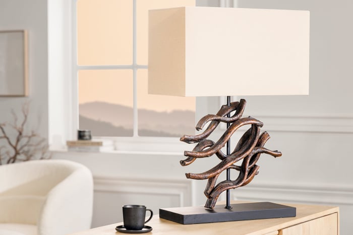 Lampă de masă THE WAVE 60cm, din lemn de tec, cu abajur bej [4]