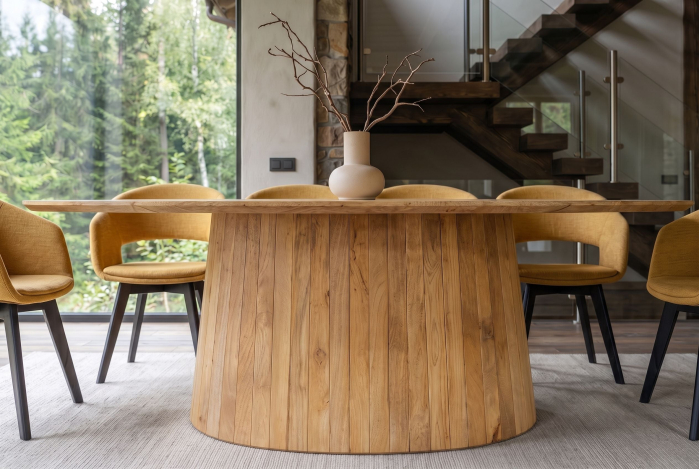 Masă de dining ART DECO 220 cm, ovală, cu picior canelat, din lemn de mango, culoare crem natural [3]